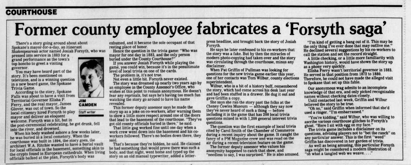 1985 Spokesman-Review article explaining the hoax's origin.