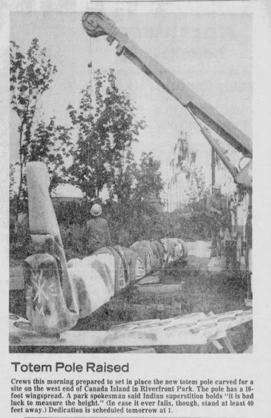 "Totem Pole Raised." (August 26, 1977). Spokesman-Review, p. 5.