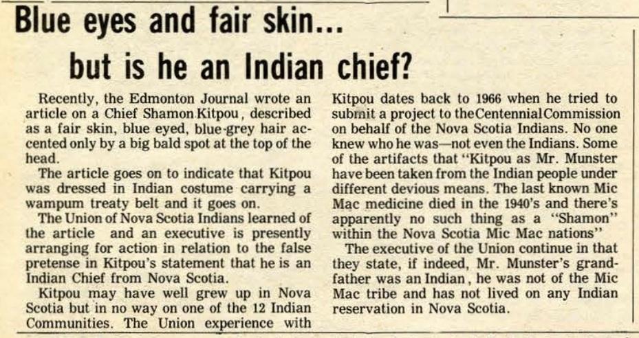 This article from the April 1972 Micmac News gives a Native perspective on Kitpou.