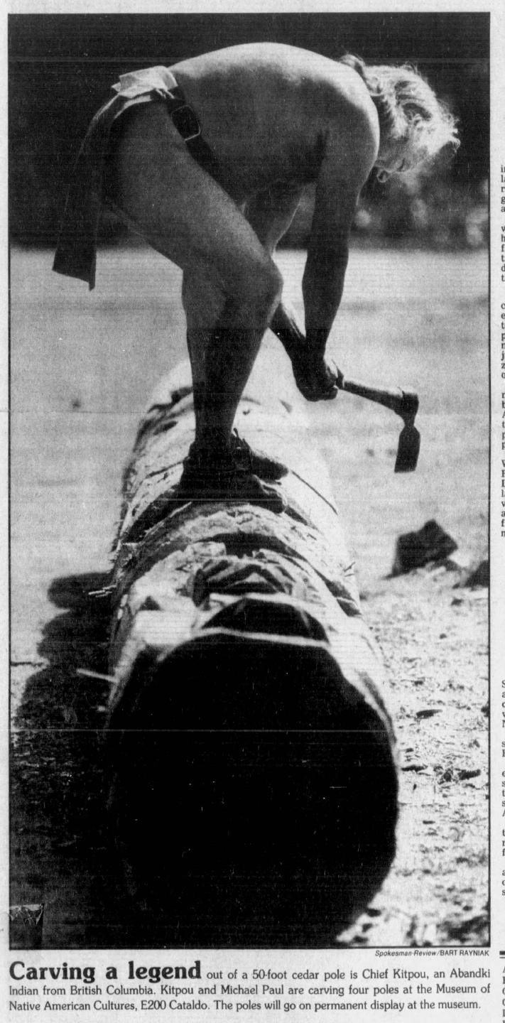 Kitpou in 1981, working on one of four additional totem poles that he and Michael Paul would present to MONAC.
