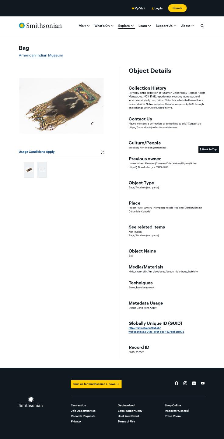 An item from Kitpou's collection as listed by the Smithsonian Museum of the American Indian in 2026.